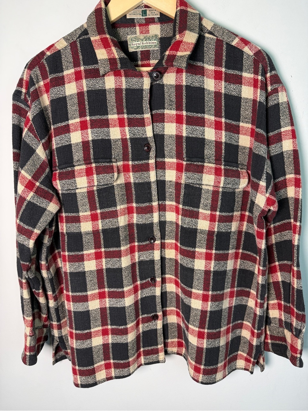 Royal Robbins Plaid Flannel Shirt Red Black Cream Sz L